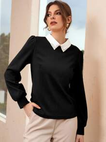 Modelyn Blusa de cuello en contraste con cuenta de perla de manga farol - Negro - Ver 4
