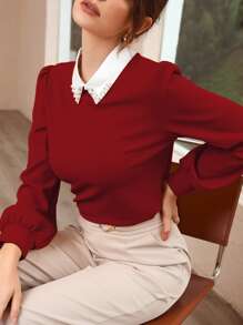 Modelyn Burgundy Red Contrast Collar Pearls Beaded Puff Sleeve Blouse - Burgundy - View 1
