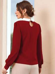 Modelyn Burgundy Red Contrast Collar Pearls Beaded Puff Sleeve Blouse - Burgundy - View 2