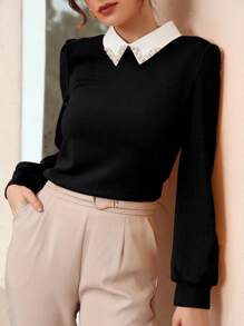 Modelyn Blusa de cuello en contraste con cuenta de perla de manga farol - Negro - Ver 5
