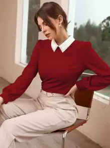 Modelyn Burgundy Red Contrast Collar Pearls Beaded Puff Sleeve Blouse - Burgundy - View 3