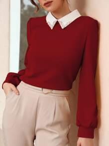 Modelyn Burgundy Red Contrast Collar Pearls Beaded Puff Sleeve Blouse - Burgundy - View 4