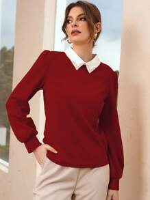 Modelyn Burgundy Red Contrast Collar Pearls Beaded Puff Sleeve Blouse - Burgundy - View 5