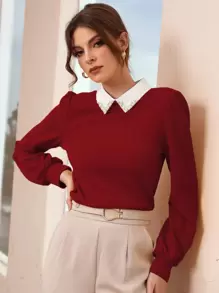Modelyn Burgundy Red Contrast Collar Pearls Beaded Puff Sleeve Blouse - Burgundy - View 6