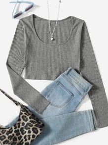 SHEIN Unity Rib-Knit Slätt Sexig T-Shirt - Ljusgrå - Visa 1