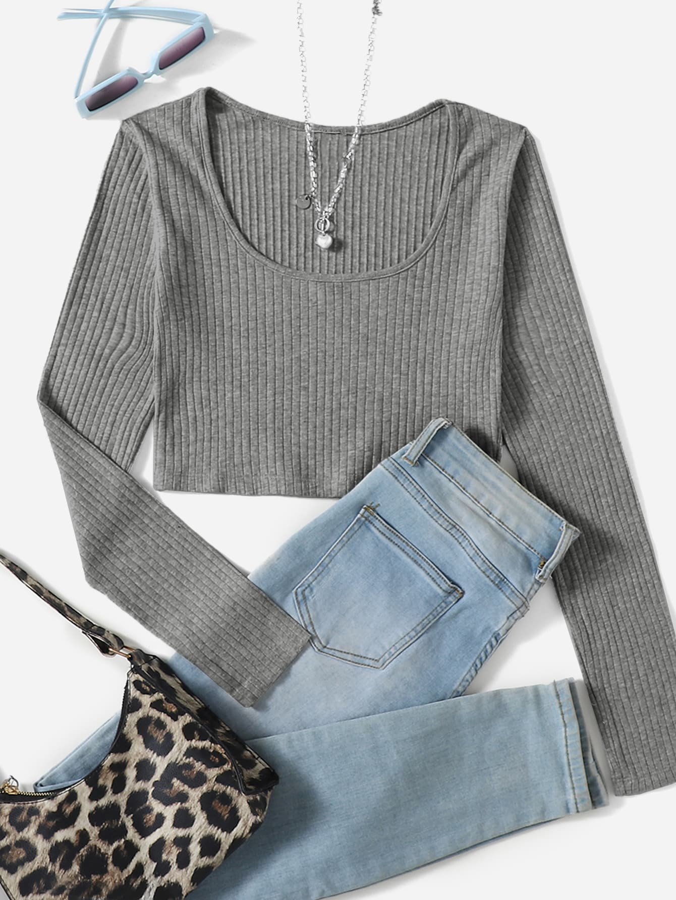 SHEIN Unity Rib-Knit Slätt Sexig T-Shirt - Ljusgrå - Visa 1