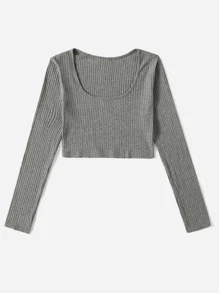 SHEIN Unity Rib-Knit Slätt Sexig T-Shirt - Ljusgrå - Visa 5
