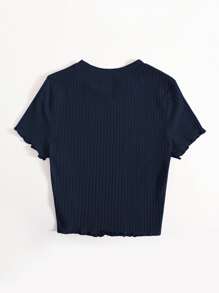 SHEIN EZwear 素色小褶邊羅紋針織T恤 - 藏蓝色 - 查看 2