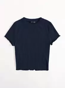 SHEIN EZwear 素色小褶邊羅紋針織T恤 - 藏蓝色 - 查看 3