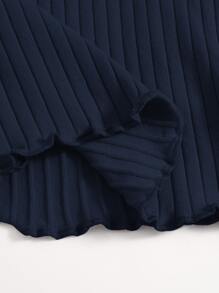 SHEIN EZwear 素色小褶邊羅紋針織T恤 - 藏蓝色 - 查看 5