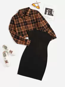 SHEIN EZwear Plus Plaid Blouse & Cami Dress - Multicolor - View 1
