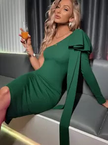 Đầm Bất đối xứng Vắt Xù màu trơn Thanh lịch - màu xanh lá - Xem 1