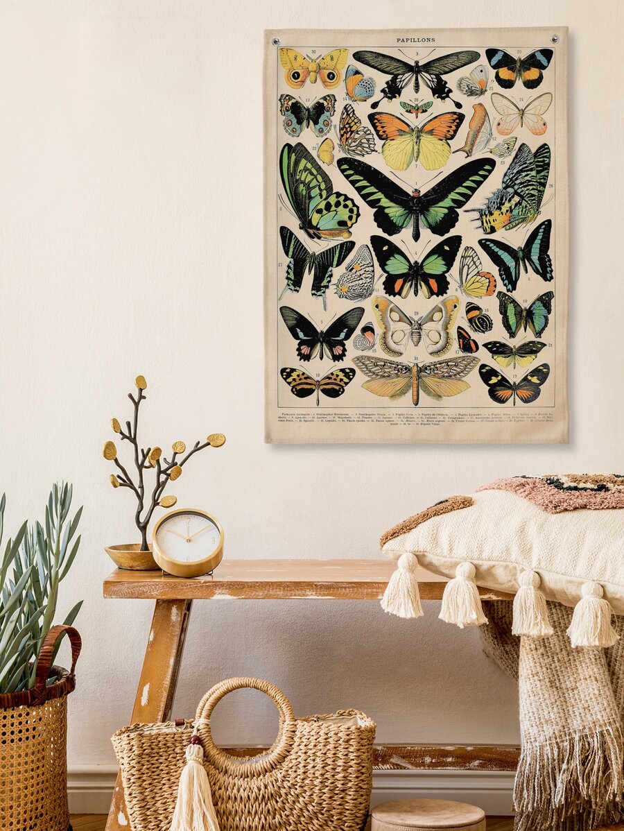 蝴蝶印花挂毯，现代动物图案亚麻家居装饰挂布，房间旗帜，房间装饰，挂毯，墙壁装饰，墙壁艺术，房间用品，房间旗帜，挂毯，墙壁挂毯 - 彩色 - 查看 1