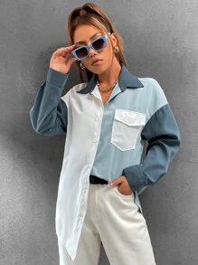 SHEIN Unity Drop Shoulder Colourblock Graphic Flap Pocket Blouse - Multicolor - View 4