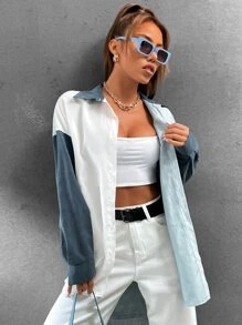 SHEIN Unity Drop Shoulder Colourblock Graphic Flap Pocket Blouse - Multicolor - View 5