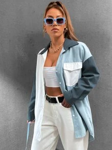 SHEIN Unity Drop Shoulder Colourblock Graphic Flap Pocket Blouse - Multicolor - View 6