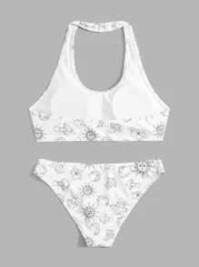 ROMWE Cartoon Graphic Halter Bikini - Black and White - View 2