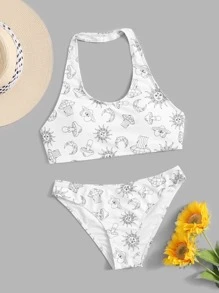 ROMWE Cartoon Graphic Halter Bikini - Black and White - View 3