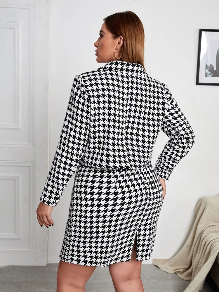 Ensemble blazer à pied-de-poule à bouton et jupe Costume - Noir et Blanc - Voir 2