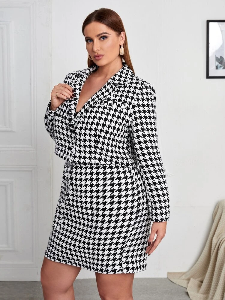 Ensemble blazer à pied-de-poule à bouton et jupe Costume - Noir et Blanc - Voir 4