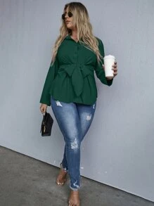 SHEIN Clasi Hơn Áo sơ mi Tie Trước Chất rắn - Màu xanh lá cây đậm - Xem 1