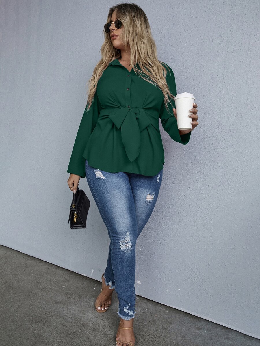 SHEIN Clasi Hơn Áo sơ mi Tie Trước Chất rắn - Màu xanh lá cây đậm - Xem 1