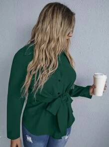 SHEIN Clasi Hơn Áo sơ mi Tie Trước Chất rắn - Màu xanh lá cây đậm - Xem 3