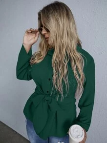 SHEIN Clasi Hơn Áo sơ mi Tie Trước Chất rắn - Màu xanh lá cây đậm - Xem 4