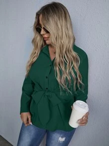 SHEIN Clasi Hơn Áo sơ mi Tie Trước Chất rắn - Màu xanh lá cây đậm - Xem 5