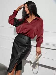 Chiquease Falda con botón falso bajo con abertura PU - Negro - Ver 1