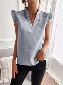 Chiquease Blusa de rayas fruncido de manga casquillo - Azul y blanco - Ver 4