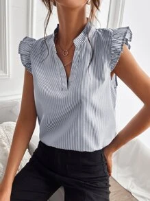 Chiquease Blusa de rayas fruncido de manga casquillo - Azul y blanco - Ver 5