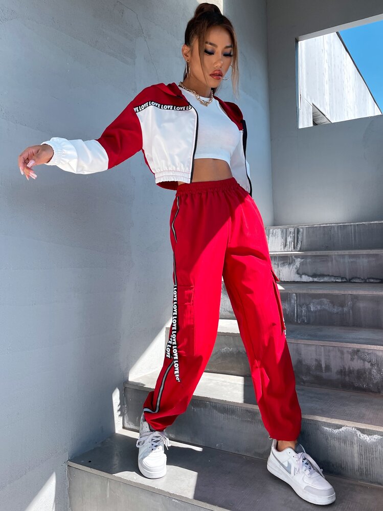 SHEIN Unity Colorblock Contrast Letter Tape Drop Shoulder Hooded Jacket & Pants - Red and White - View 1