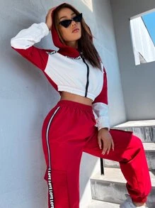SHEIN Unity de color combinado en contraste con cinta con letra de hombros caídos con capucha Cazadora & Pantalones - Rojo y blanco - Ver 4