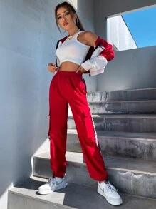 SHEIN Unity de color combinado en contraste con cinta con letra de hombros caídos con capucha Cazadora & Pantalones - Rojo y blanco - Ver 5