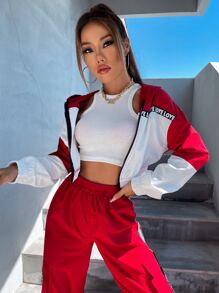 SHEIN Unity de color combinado en contraste con cinta con letra de hombros caídos con capucha Cazadora & Pantalones - Rojo y blanco - Ver 6