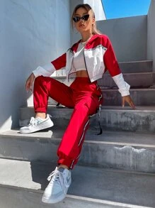 SHEIN Unity de color combinado en contraste con cinta con letra de hombros caídos con capucha Cazadora & Pantalones - Rojo y blanco - Ver 7
