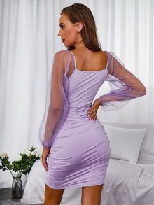 Đầm Tương phản Mesh Xù màu trơn Gợi cảm - Màu Lilac Tím - Xem 2