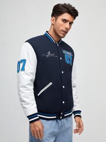 Manfinity Men Letter Graphic Varsity Jacket - Navy Blue - View 3