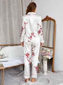 印花補丁貼口袋拼接滾邊緞面睡衣套裝 - 白色 - 查看 2