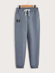 SHEIN Boys Drawstring Waist Patched Pants - Dusty Blue - View 1