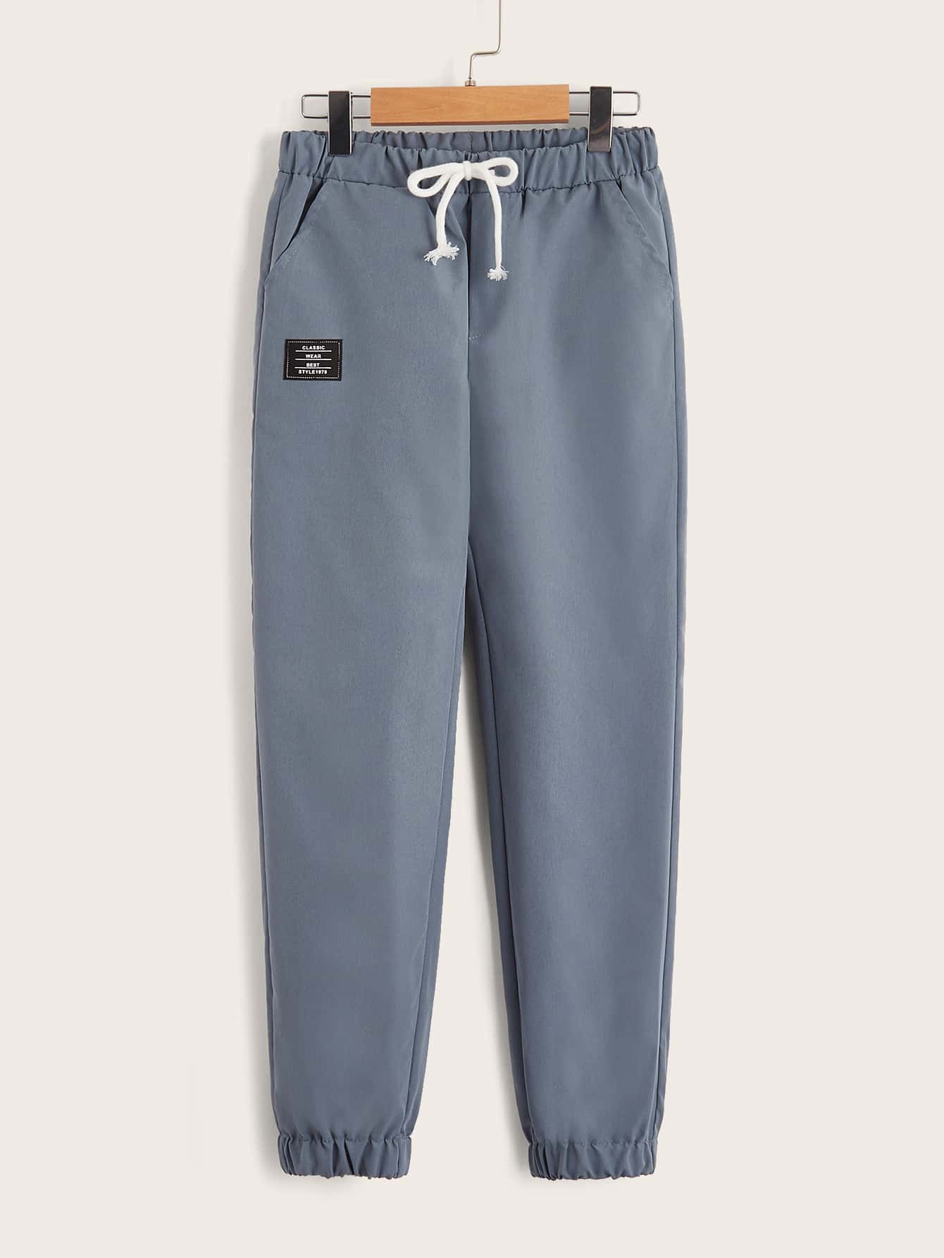 SHEIN Boys Drawstring Waist Patched Pants - Dusty Blue - View 1