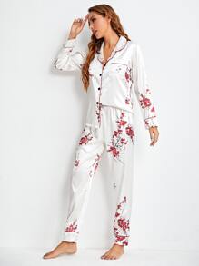 印花補丁貼口袋拼接滾邊緞面睡衣套裝 - 白色 - 查看 3