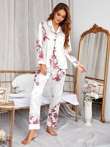 印花補丁貼口袋拼接滾邊緞面睡衣套裝 - 白色 - 查看 4