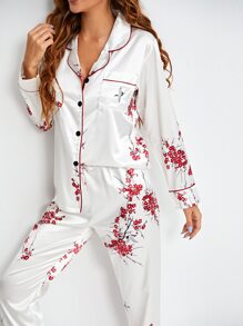 印花補丁貼口袋拼接滾邊緞面睡衣套裝 - 白色 - 查看 5