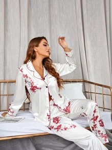 印花補丁貼口袋拼接滾邊緞面睡衣套裝 - 白色 - 查看 6