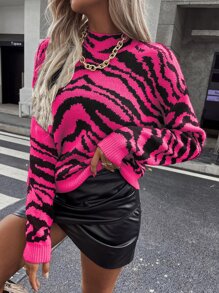 SHEIN Unity Zebra Stripe Drop Shoulder Sweater - Hot Pink - View 1