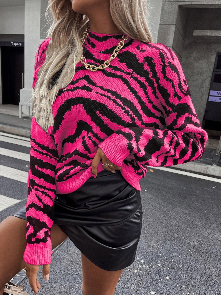 SHEIN Unity Zebra Stripe Drop Shoulder Sweater - Hot Pink - View 1