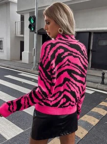 SHEIN Unity Zebra Stripe Drop Shoulder Sweater - Hot Pink - View 2