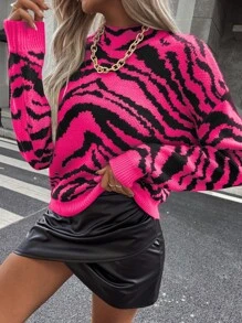 SHEIN Unity Zebra Stripe Drop Shoulder Sweater - Hot Pink - View 4